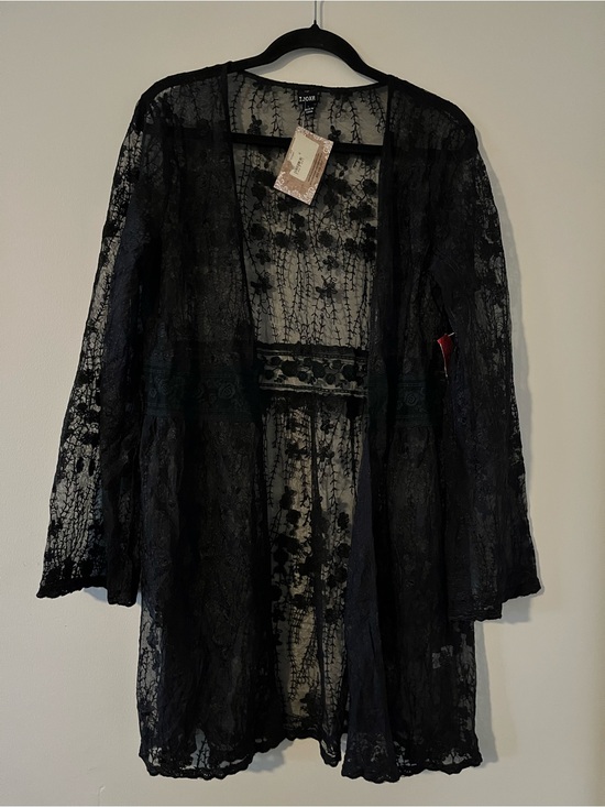 Sweaters - NWT Black Floral Lace Sheer Kimono Duster Cardigan Large Open Front Romantic